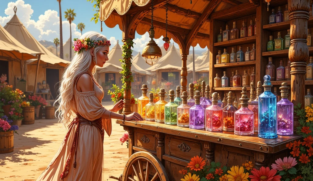 By Alan Paterson inspired by Luis Royo, Pino Daeni, Wadim Kashin, Gil Elvgrin, and Jorge Jimenez. Portrait front view of a girl standing in a mystical marketplace, with red hair in a flowing ponytail, in a dynamic pose, she is holding a glass of bubbling potion out to the viewer, in the background are busy vendors, and magical light and smoke from the various market stalls. trending on artstation, sharp focus, studio photo, intricate details, highly detailed, 
