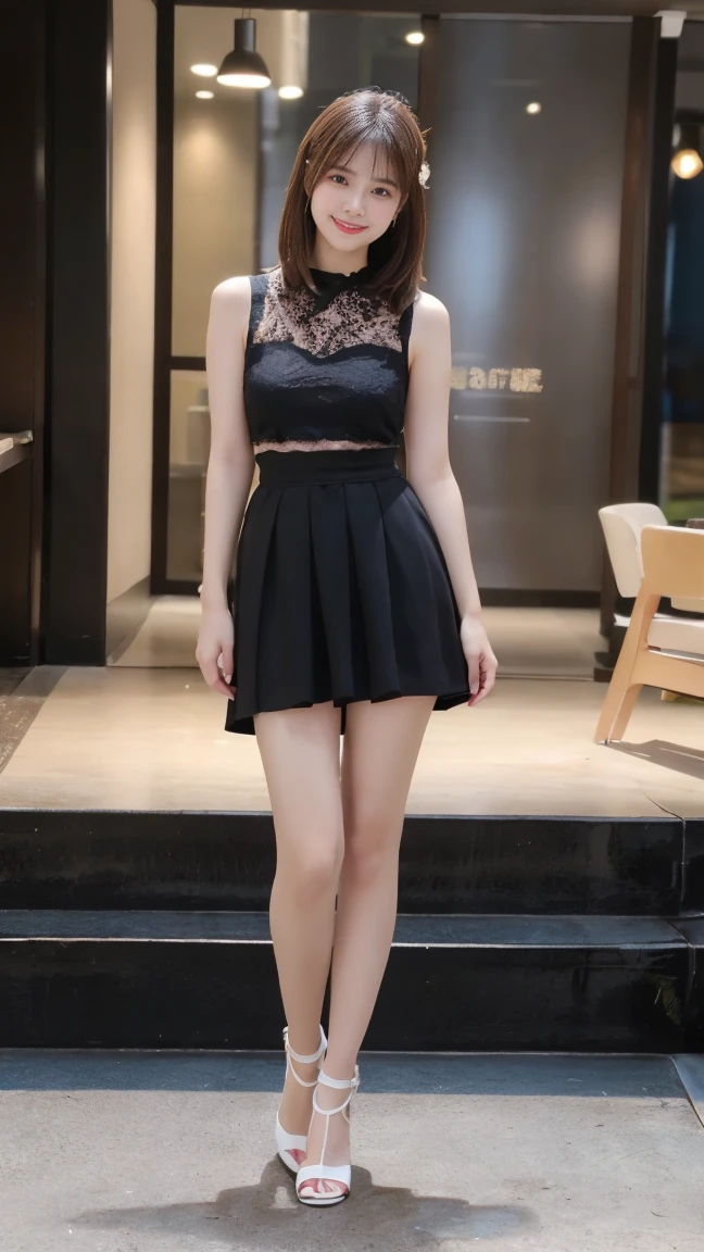 Highest quality、masterpiece、8K、Very detailed、Realistic、(Young face:1.2)、(Looks like an elementary school kid:1.2)、3 people、Looking at me with a smile、whole body、(Big Breasts)、Thin and beautiful legs、Tight and slim waist、Lace, see-through, tight sleeveless shirt、(See-through lace micro skirt)、Short Hair、(Erect nipples)