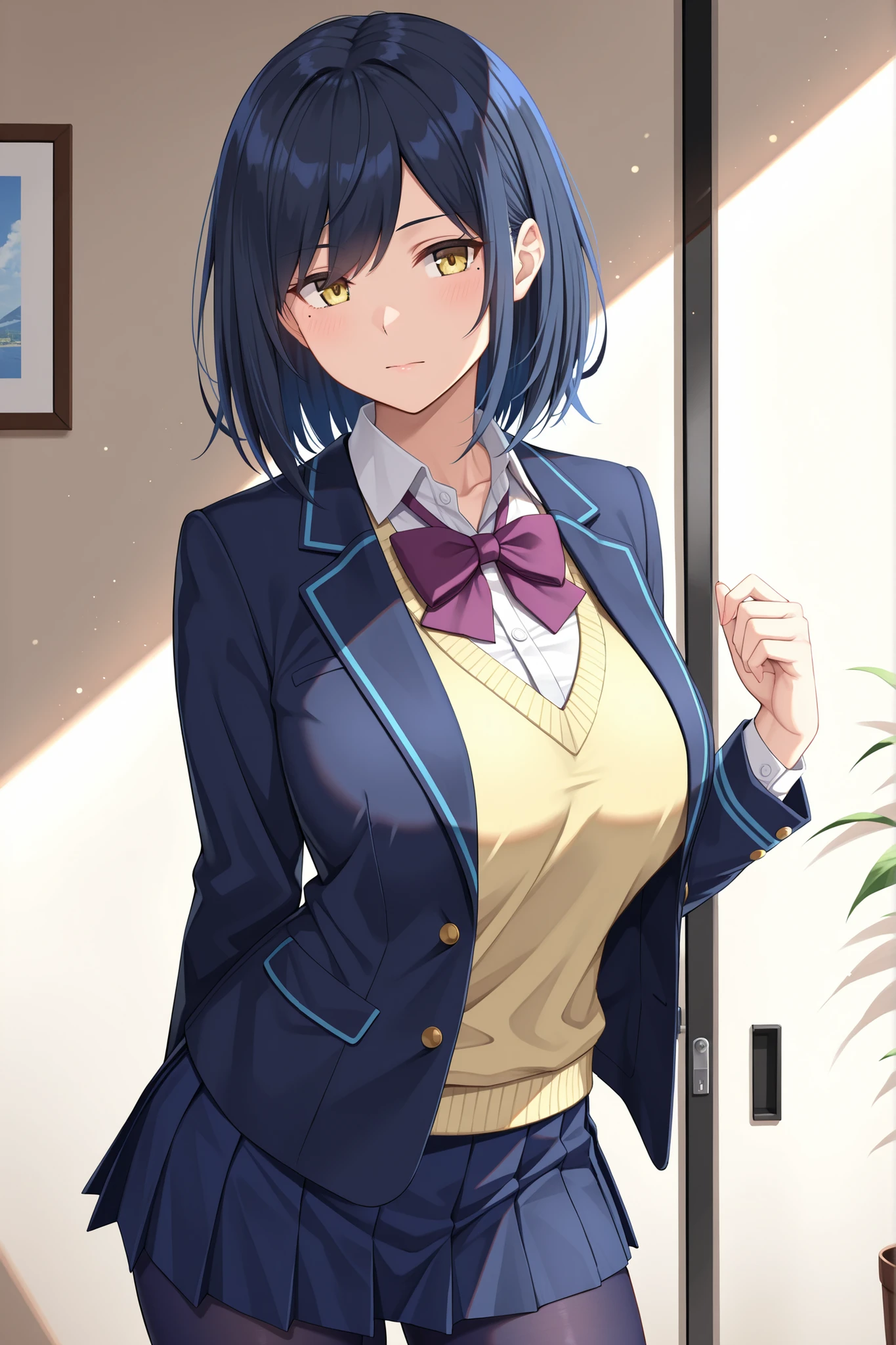 solo,masterpiece,best quality, amazing quality, highres, absurdres, very aesthetic, high resolution, ultra detailed, perfect details,nijirin,large breasts,yellow eyes,blue hair,black hair,moles,mole under eye,medium hair,nijirincos,white shirt,collared shirt,purple bowtie,yellow sweater,blazer jacket,blue jacket,closed jacket,blue skirt,miniskirt,pleated skirt,dark blue pantyhose,nijirincos,white shirt,collared shirt,short sleeves,purpl,,(masterpiece, detailed:1.2)