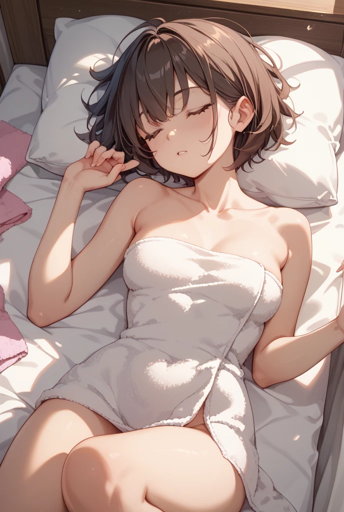 Japanese beauty naked,Black Short Hair,belt,Watch on wrist,Drunk,hiccups、Standing in front of a white wall、Above the knee shot、Lying in bed、Small breasts