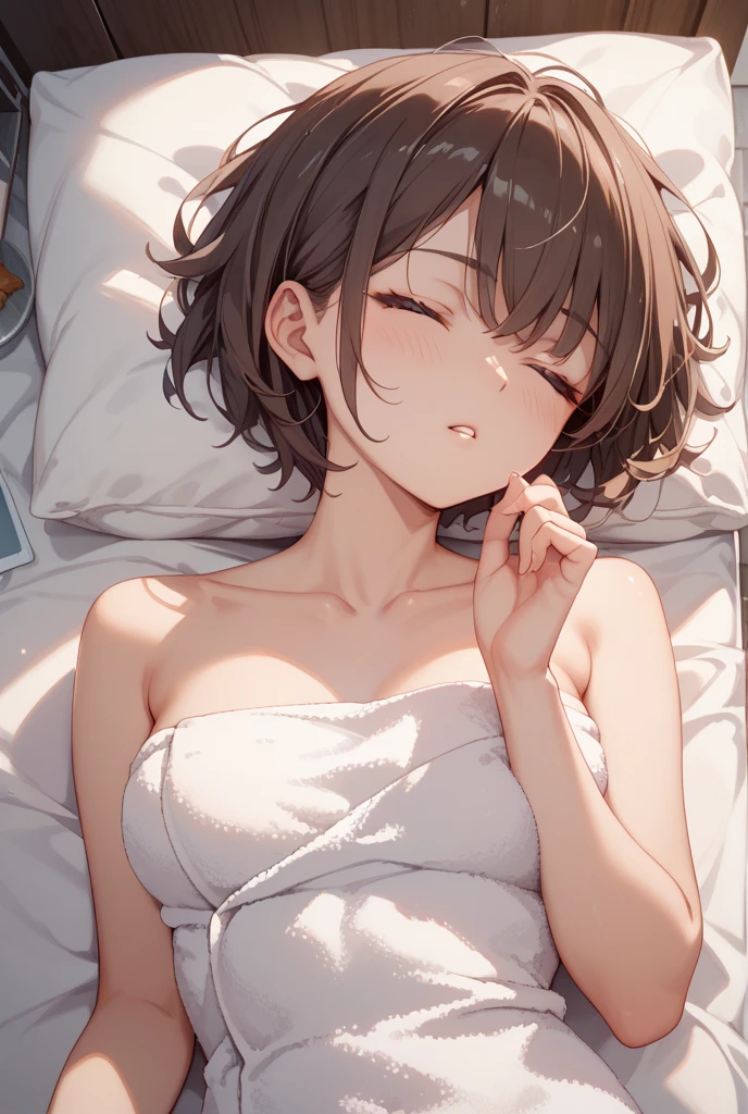 Inui toko, 1,girl, solo, masterpiece, best quality, ultra-detailed, illustration, portrait, best Light and Shadow quality, animal ears, simple background, odd-eyes, off shoulder, navel, eyes closed, sleep