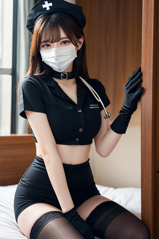 masterpiece, high-detail, the most erotic nurse in the world, (UHD, 8K wallpaper, High resolution), Cinematic lighting, physically-based rendering, award-winning, extremely detailed skin, extra detailed face, high detail eyes, Carl Zeiss 85 mm F/1.4, by Ellen von Unwerth, asian, covid mask, age 26, long black hair, medium boobs, camel toe, legs open, stockings, covid mask, (pvc covid mask), (red biohazard symbol on either side of covid mask), (pvc nurse hat), short pleated skirt, legs open, ( white panties slightly visible under pleated skirt ), ( spiked leather collar ), ( Holding riding crop ), eyeliner, ( black eyeliner ), legs open, ( abandoned empty warehouse ) ( abandoned empty hospital ), from behind, ( bending over leather chair )