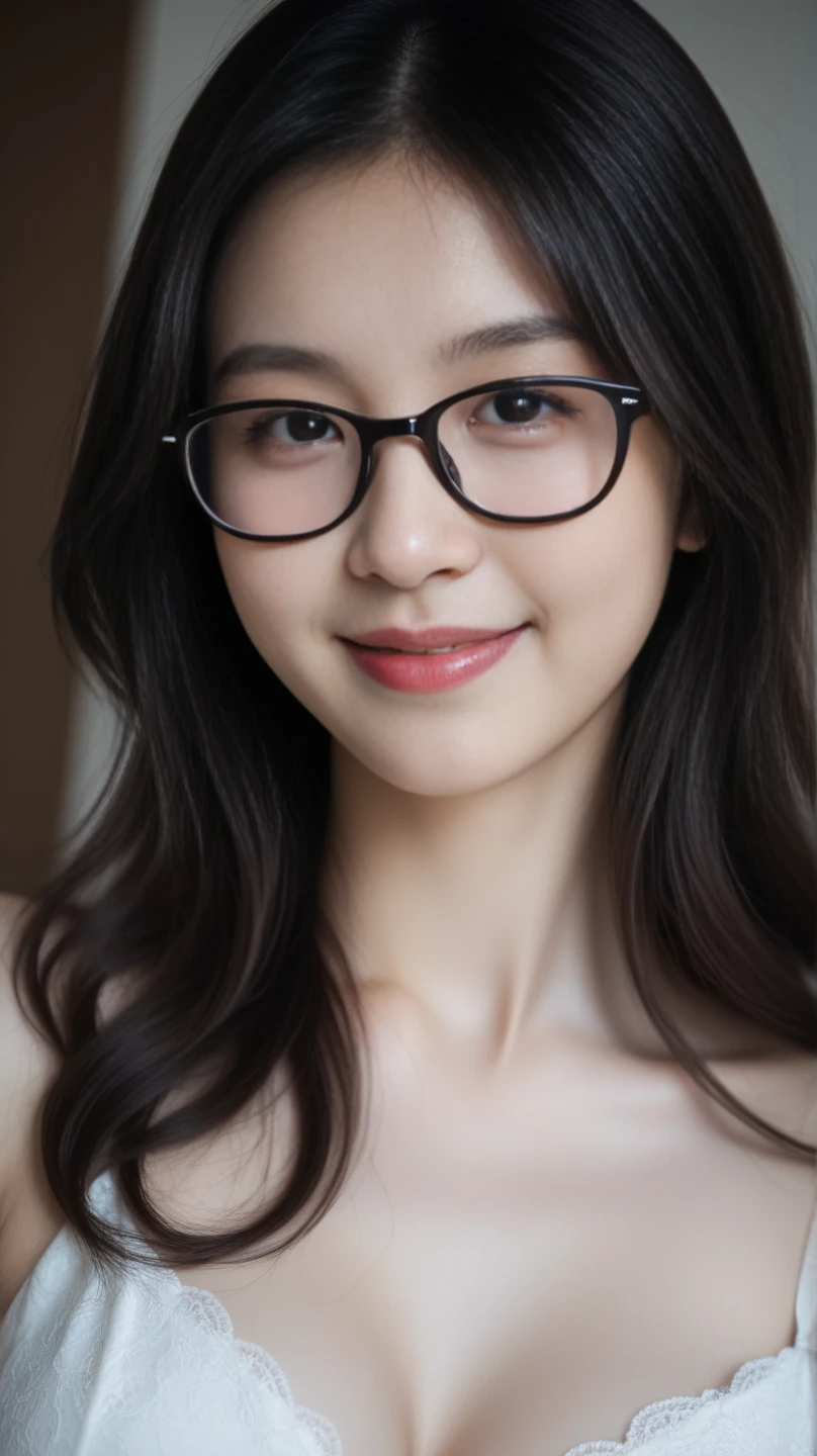 A 16k realistic portrait masterpiece, realistic soft detailed lines, highest resolution, every detail, meticulousness, depth of field, bright colors, beautiful composition: a girl Teenage girl wearing glasses smiling happily, light makeup with black hair and beautiful innocent detailed eyes, standing on a dark and ominous scene. ???? silk dress.