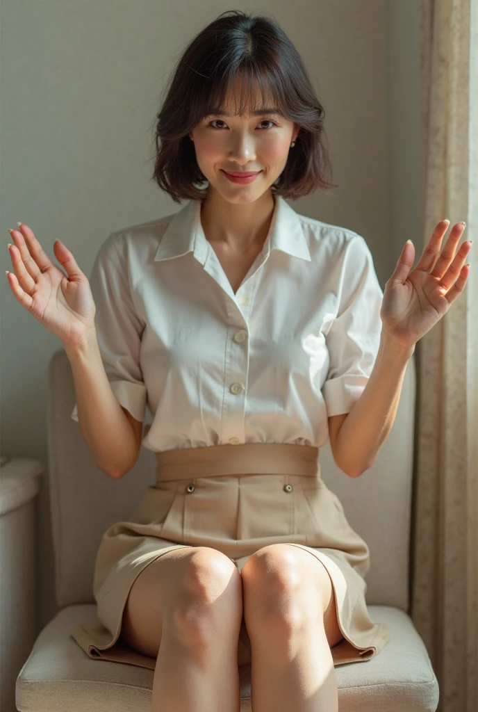 Photos of cute 18 year old Japanese girls、smile、(fullbody shot:1.4)、livingroom