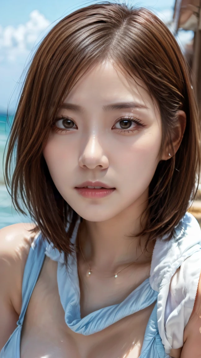 23 years old Japan Beauty women Shinjuku full body Light brown hair high resolution Uncle Preference Cute Straight bob Glossy face Wet and shiny skin, beach lingerie Deep border of writing Pointed pale pink mouth collarbone B beautiful fingers beach background