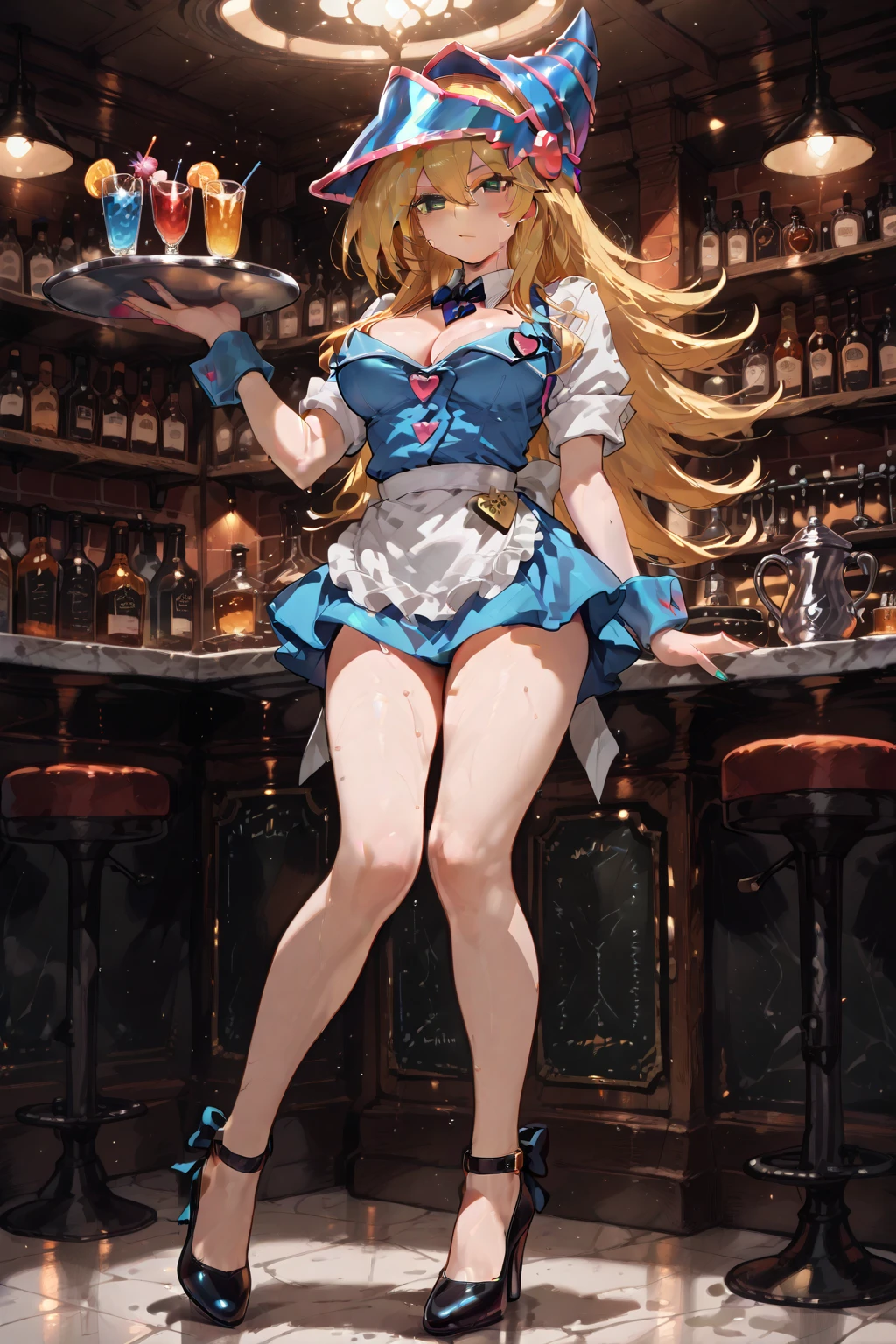 (blue sky、cloud、noon)、(Super beautiful CG、high resolution)、(medium breasts、smile、whole body)、 (masterpiece 1.8)、((super quality))、((Ultra-detail illustration))、((stunning CG))、1 、solo、long hair、look at the audience、bangs、medium breasts、bare shoulders、golden hair:1.8、blue eyes、clavicle、thighaid dress:1.3、headdress:1.3、No sleeve、barefoot、leather boots、white gloves:1.5、(wooden cart、Cart loaded with Coca-Cola bottles:1.5)、((Place the Coca-Cola bottle in the palm of your right hand:1.5、Left hand on hip:1.5))、Cobblestone streets of medieval Europe、accurate limbs、perfect five fingers:1.8、