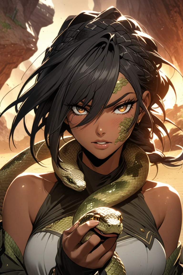 solo, female, sfw:1.2, medium shot, strong, tall, thin, bronze skin, long black hair, dark green eyes, angular face, lips, necklace, smile, fit, pose, flawless skin, desert, scorpion girl, girtablilu, from the waist up, dark orange scorpion legs:1.1, dark orange carapace:1.2, leather bikini armor, flawless skin, scorpion tail:1.3