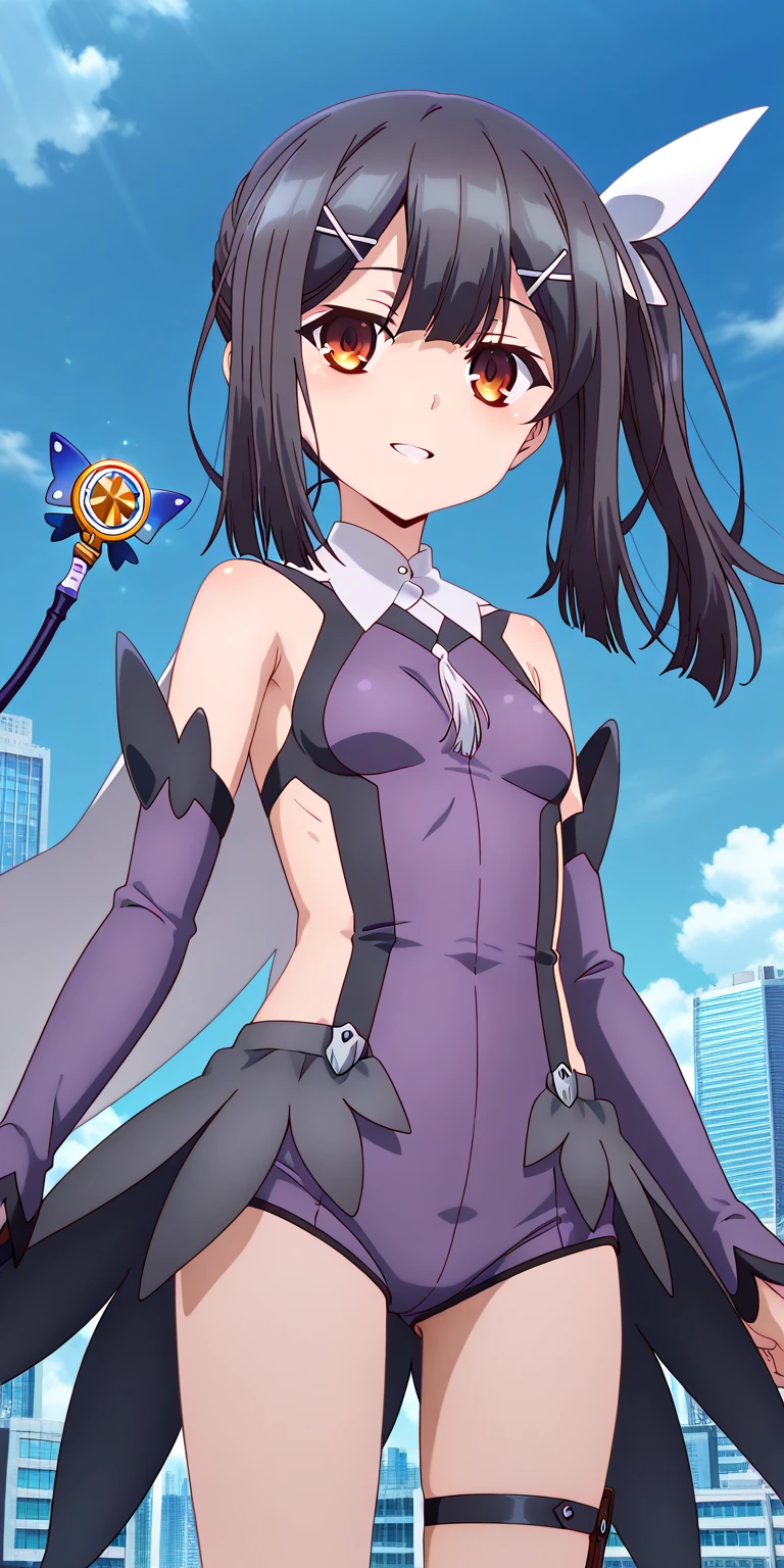 masterpiece, best quality, (colorful),(delicate eyes and face), volumetric light, ray tracing, extremely detailed CG unity 8k wallpaper, miyu edelfelt, magicalgirluniform, 1girl, solo, breasts, looking at viewer, bare shoulders, twintails, closed mouth, small breasts, outdoors, detached sleeves, sky, boots, cape, leotard, full body, night, magical girl, x hair ornament, night sky, fence, white cape, purple leotard, purple sleeves <lora:artkoikoi_miyu_edelfelt_full-000003:0.85>