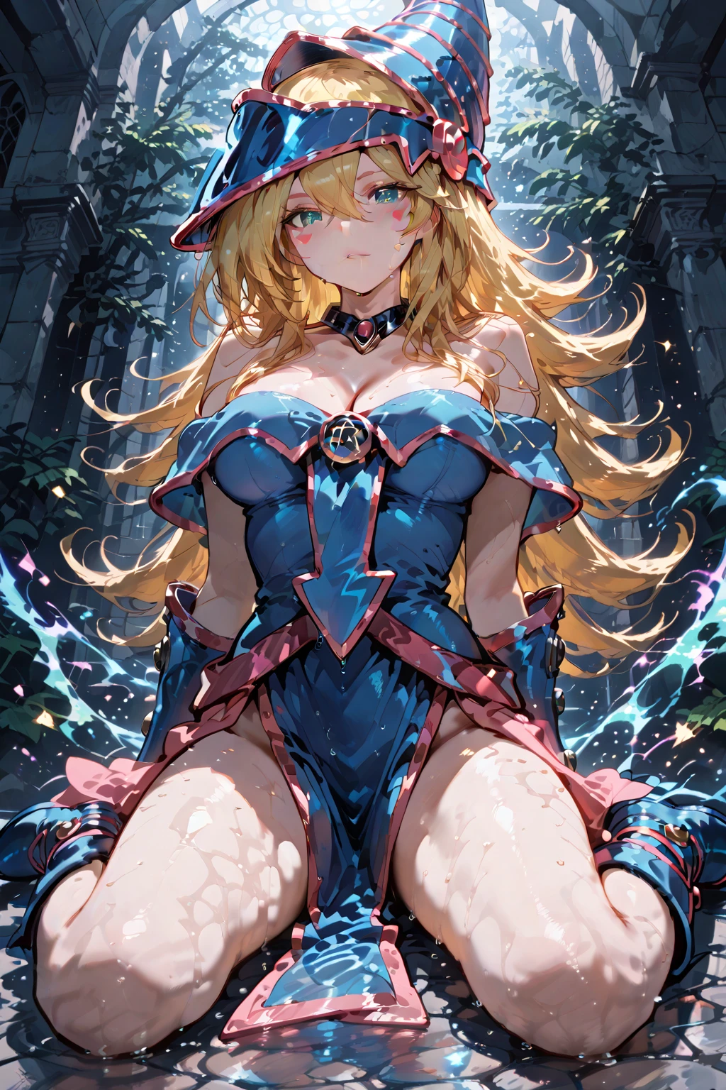 (Obra maestra:1.2), (La mejor calidad:1.2), Perfect lighting, Chica Maga Oscura lanzando un hechizo, flotando en el aire, tetas grandes, escote, fondo de magia. Corazones transparente en el hambiente, blue robe, sombrero grande, desde arriba, Destellos de magia