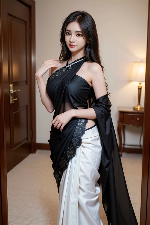 Photo of a 20 year old brunette girl, very fair skin, wearing Indian black saree, smiling, standing, solo, tight cleavage, medium size breats, hyper realistic, 8k.