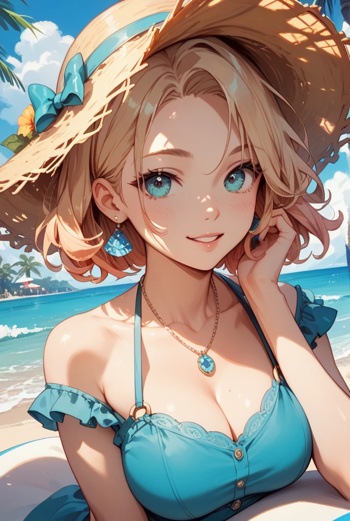 masterpiece、14years、s girl、swim wears、1 persons、cleavage of the breast、dress room、bending forward、Upper body close-up、The bikini、a smile