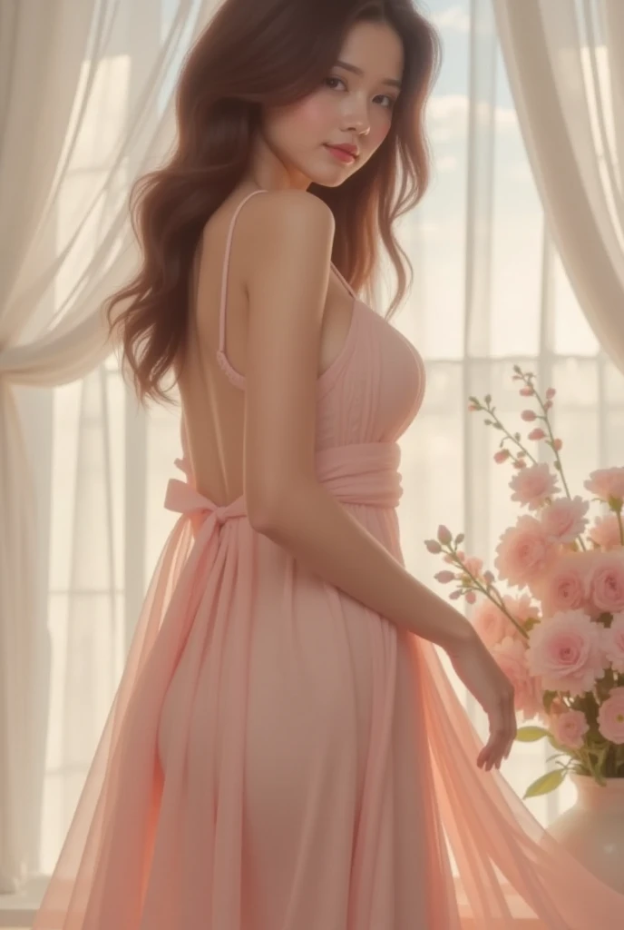 Sexy young woman, Wearing a thin silk dress, Skin is hydrated, Glowing skin, Looking at the camera 36k defogging, whole body, Backlight, Chic Fashion Editorial, Floral, Body contour light, Backlight  丝绸长袍, Beautiful side breasts, body of, Sexy pose, Wearing high-heeled shoes, Japanese style,