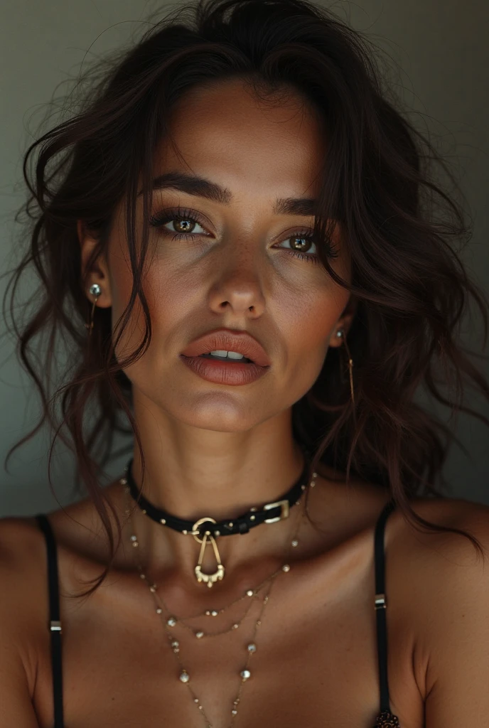 brazilian woman, young, naked, mohawk, septum piercing, face tatoos, dimples, thick belt around neck, naughty expression, shiny latex bodysuit, close-up, UHD, retina, masterpiece, accurate, anatomically correct, textured skin, super detail, high details, high quality, award winning, best quality, highres
