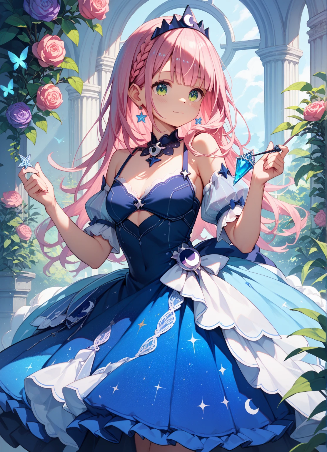 Make a girl with pink hair and light blue eyes rich.