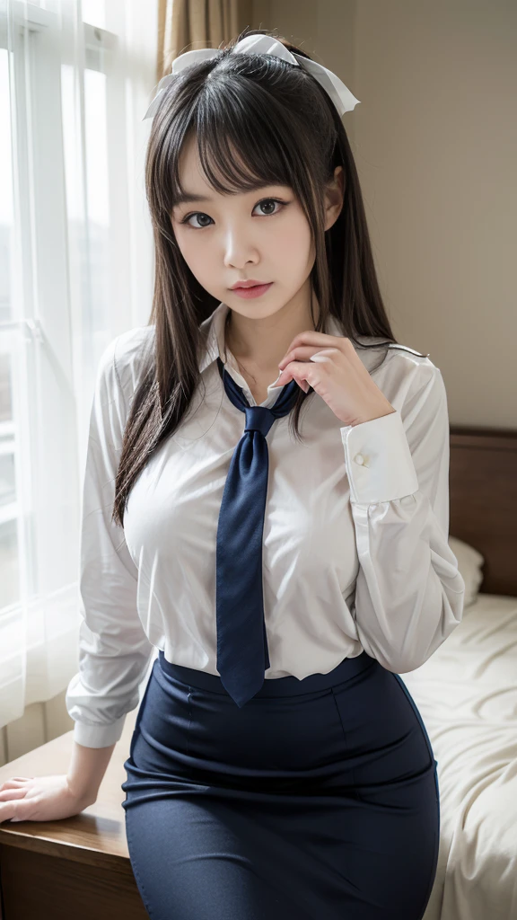 (masterpiece, best quality:1.2), japanese beautiful girl, light blonde long messy hair, highly detailed, naturally beautiful breasts, highres, 1girl, ((wear school uniform)), loosen tied necktie, in photo studio, random sexy pose