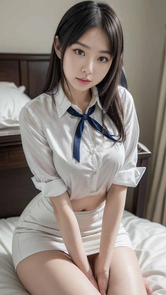 {Photorealistic、Realistic},　Black Hair、Straight hair、ponytail、Blunt bangs　Droopy eyes、Black eyes、Plump Cheeks、Round face　,{16 years old、high school girl}、No makeup、cute、Sailor suit,skirt,{smile:overbite}、Big Breasts、{{Short length,Spread your legs boldly :((Female organ:Pubic hair on the pubic area))}} 、