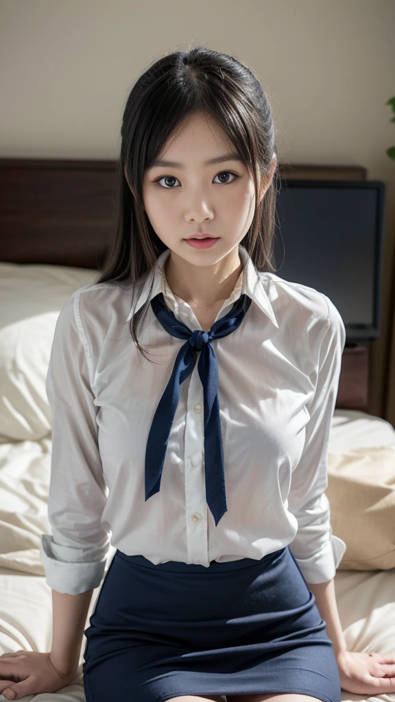 ((highest quality, masterpiece :1.3)), Photorealistic、Ultra-high resolution、Natural skin texture、Hyperrealism、Photograph from the knee up、13 year old beautiful Japanese girl、Twin tails、Large breasts、White collared shirt and tie、Ultra mini skirt、Angry expression、Lying in bed