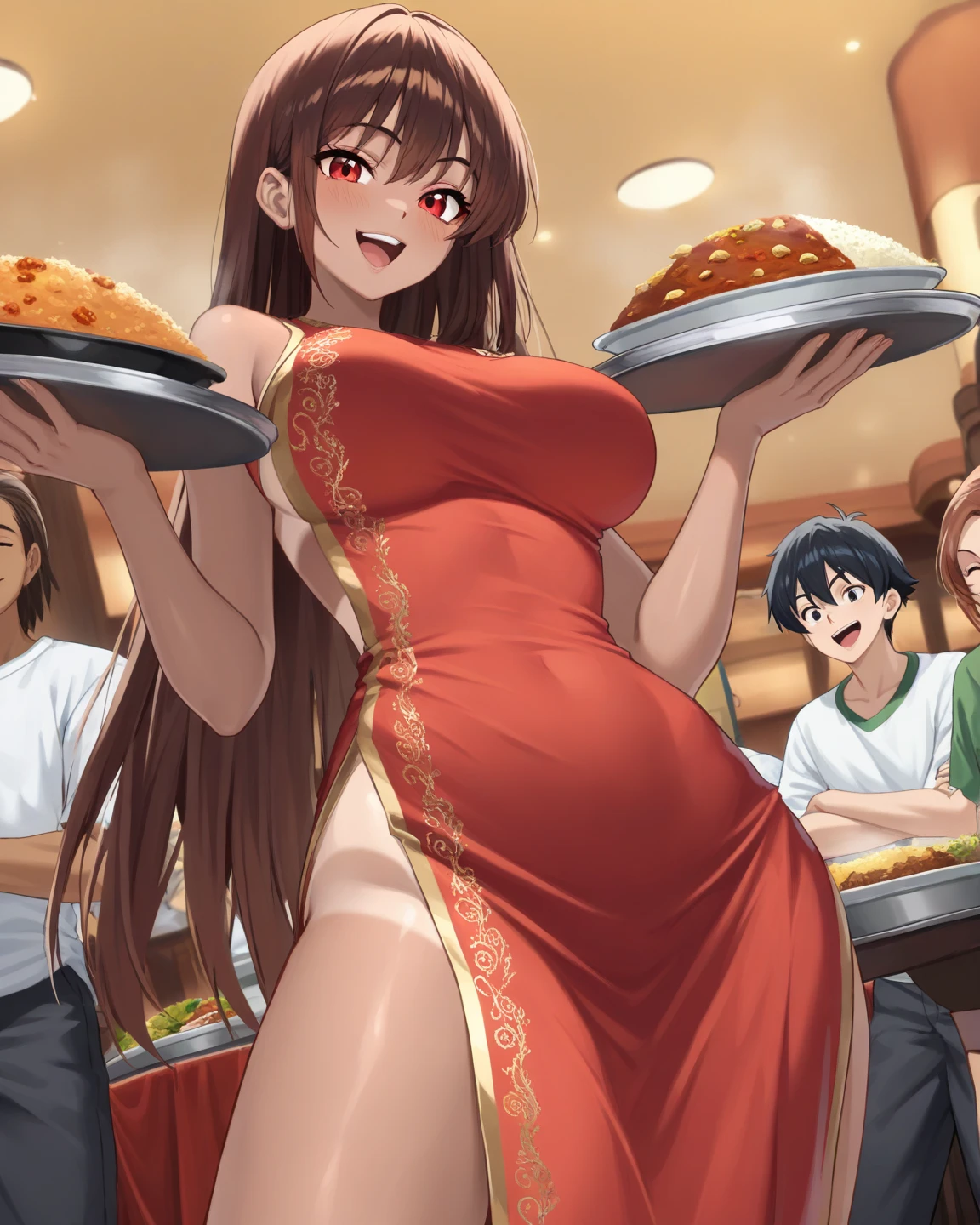 (masterpiece:1.3), (Disorganized:1.3), (best quality:1.3),(Perfect anatomical structure),Delicate face multiple girls,thigh,5 girls,双Hair Bun,Chinese clothes,Hair Bun,Photo Background,apron,dress,Long hair,Hair Bun套,Double tail,Brown hair,Black Hair,Reality,food,Hair accessories