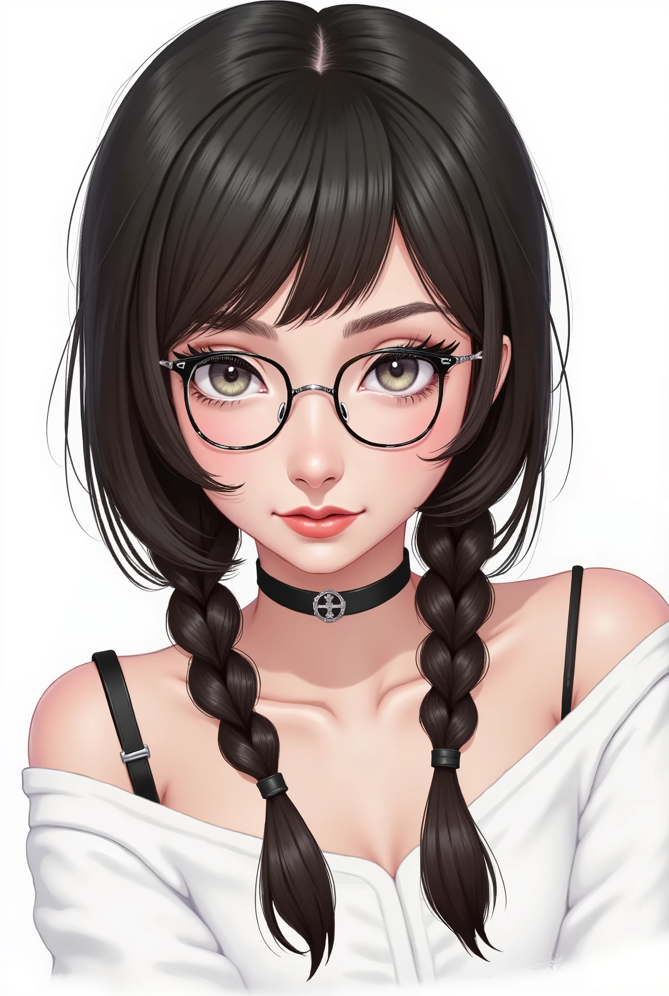 smudgy, traditional art, liu2, brush texture, score_9, score_8_up, score_7_up, 1girl, black hair, braids, straight hair, long hair, grey eyes, thick lips, small, long eyelashes, half-closed eyes, black-framed eyewear, round eyewear, black choker, blunt bangs, adult, black eyeliner, large breasts, ear piercing, black lips, grey eyeshadow, looking at viewer, BREAK solo, standing, adult, skinny, highleg, arched back, thigh gap, BREAK (white background:1.2), simple background, dynamic pose, dynamic angle, angled shot,