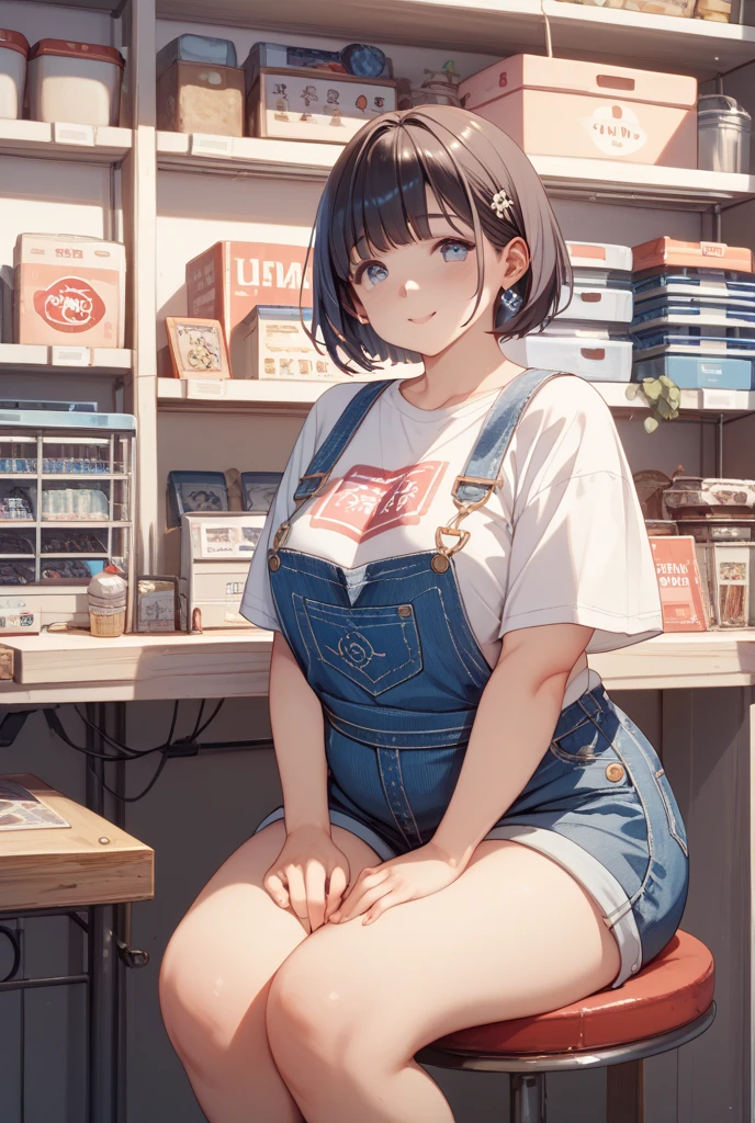 A gorgeous and distant girl，having a ponytail，wearing casual shirt and hot pants，thick thighs，fleshy thighs，revealing her thighs，big natural breasts，huge round breasts，busty young girl，supermodel figure，perfect body，teen，wearing glasses，sitting on the podium