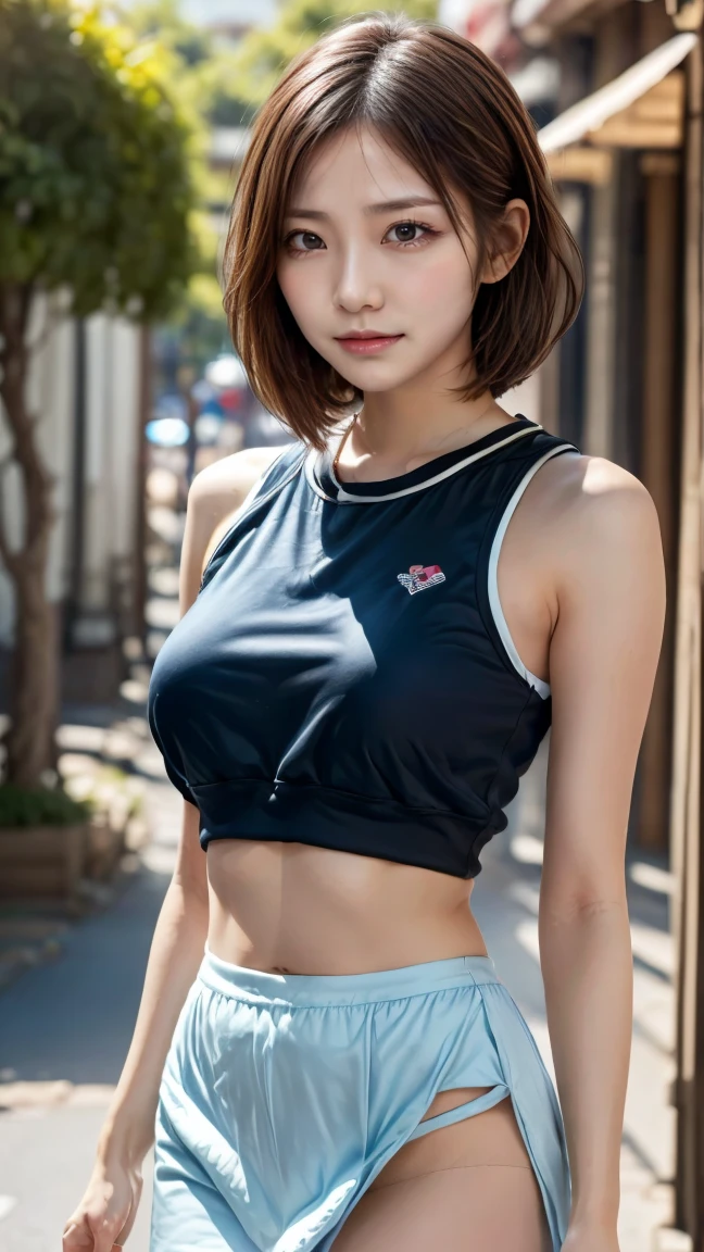 Zaid G, 1 girl, fine skin, looking at the viewer, brown eyes, (short hair with bangs:1.2), (big breasts 1.9), (small areola,:0.8), (realistic:1.4), (highest quality:1.0), (ultra high resolution:1.0), 8K, Raw photo, (masterpiece:0.2), (face to face with the children_V1:0.5)、A girl wearing a sleeveless T-shirt with her face printed on it、T-shirt that gets wet and sticks to your body、(She lifts her T-shirt to reveal her belly button and underboobs.:1.2)、I can see your nipples