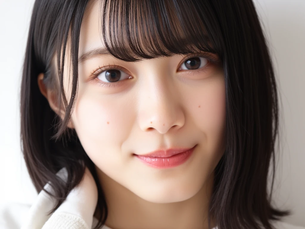 RAW photo, reality,((Staring intently at the viewer)),((Focus on Your FACE)),((close-up)), front, Japanese woman, smile, medium hair, black hair, straight hair, , Unprocessed , live-action, Genuine,cute young girl, beautiful reflective eyes ,Beautiful Detailed Lips, Extremely Delicate Eyes and Face,long eyelashes, 軽いsmile,simple white background, natural light