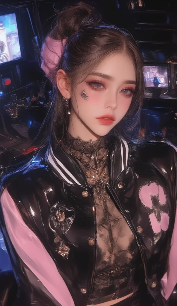 Harley Quinn Best quality, masterpiece, ultra high res, raw photo, beautiful and aesthetic,deep shadow, dark theme,(photorealistic:1.4),
((hmmarnie, (blue eyes), black choker, red ribbon, pink dress, jewelry, black jacket, open clothes, long sleeves)),
Graceful poise, evocative atmosphere, magnetic presence, refined seduction, captivating mystique,
Intricate zentangle patterns, a single female figure, astonishing level of detail, generously endowed, portrait composition, striking perspective, a chaotic masterpiece, gracefully poised, inspired by brutalist architecture, vibrant color palette, undertones,