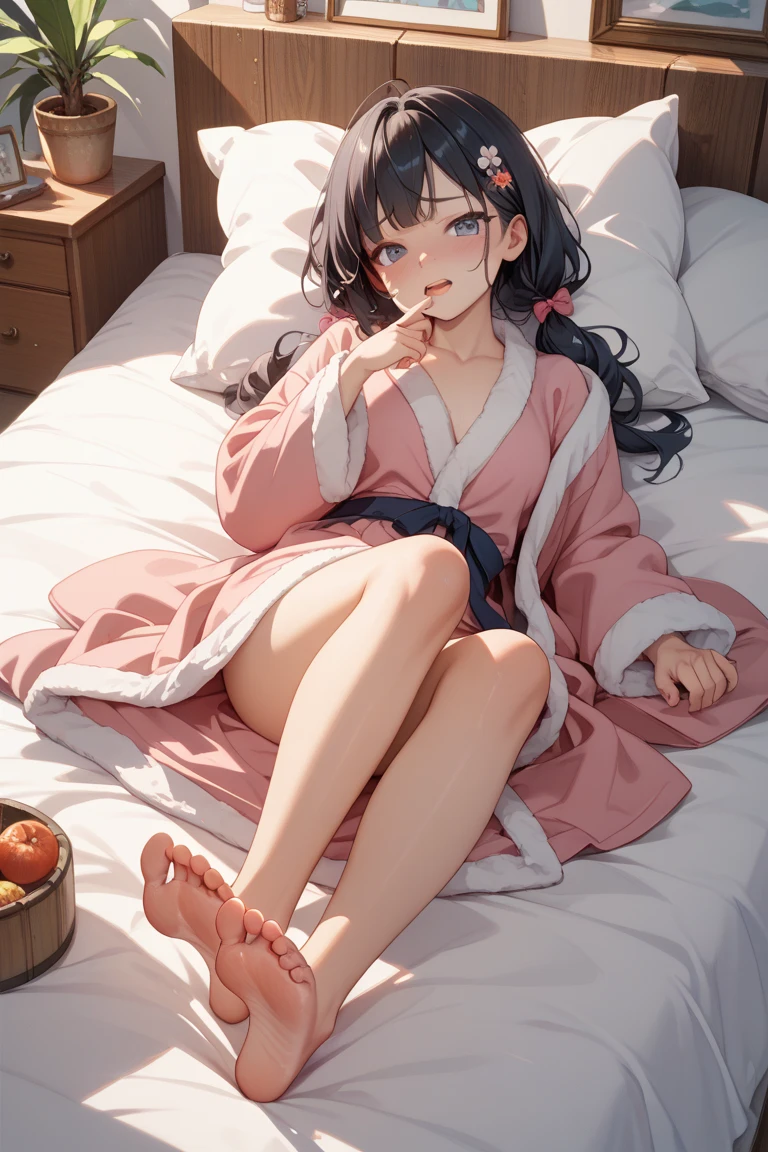 absurderes, ultra-detailliert,bright colour,(in 8K:1.3),masuter piece,extremely beautiful detailed face and eye, 25 years old,(Smooth straight black hair), (Shiny long hair),(Pattsun bangs), (Deep blue eyes) Delicate beautiful face, red blush, (wearing cute pink dress has a pink cape on), (wearing a pink beige hat), Nice Spot, laying on the ground, plain light pink background.(one person)