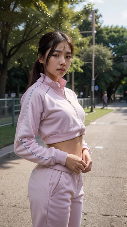 8k, RAW photo, best quality, ultra high resolution, photorealistic, realistic photo of skinny japanese girl, (skinny japanese girl, 20 years old, most beautiful japanese girl in the world, slim face, black hair, straight hair), in the tokyo downtown, tokyo city, scyscrapers, bright light, (full body picture), standing posing for picture, model pose, modelling, wearing pink sport top, (pink sport top), wearing pink yoga pants, (pink yoga pants), wearing pink long sleeves, (looking at viewer), smirking, High Detail, Sharp focus, bright light
