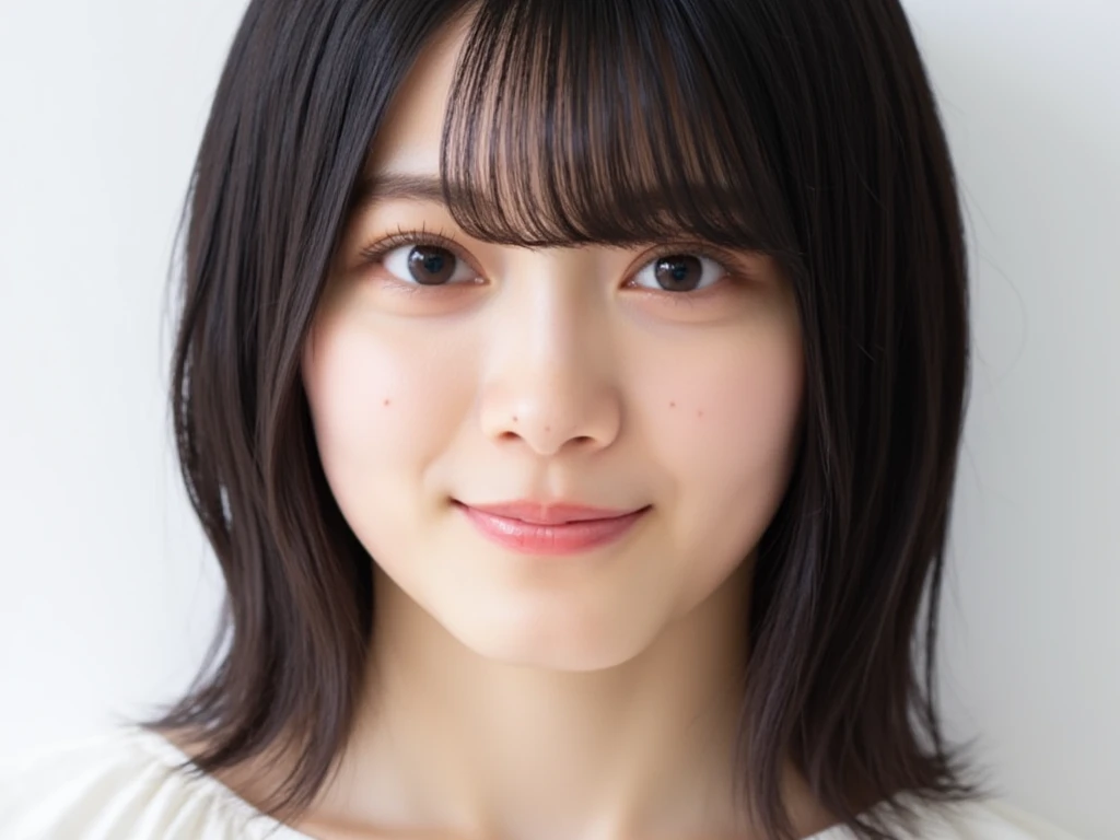 RAW photo, reality,((Staring intently at the viewer)),((Focus on Your FACE)),((close-up)), front, Japanese woman, smile, medium hair, black hair, straight hair, , Unprocessed , live-action, Genuine,cute young girl, beautiful reflective eyes ,Beautiful Detailed Lips, Extremely Delicate Eyes and Face,long eyelashes, 軽いsmile,simple white background, natural light
