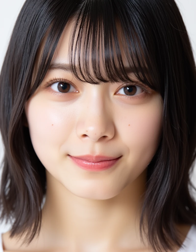 RAW photo, reality,((Staring intently at the viewer)),((Focus on Your FACE)),((close-up)), front, Japanese woman, smile, medium hair, black hair, straight hair, , Unprocessed , live-action, Genuine,cute young girl, beautiful reflective eyes ,Beautiful Detailed Lips, Extremely Delicate Eyes and Face,long eyelashes, 軽いsmile,simple white background, natural light