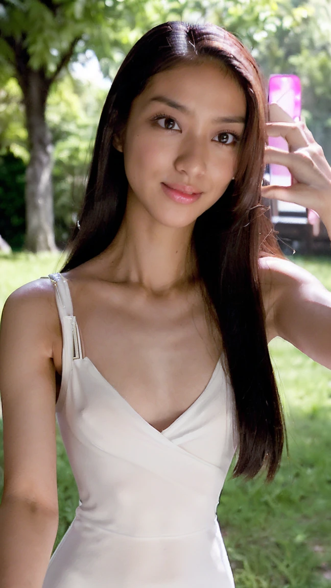 Dslr photo, (extraarms:1.2), (8k, 4k, masterpiece),beautiful pretty filipina asian woman, curvy, smiling, laughing, sunny, summer, bright, (girly), (feminine), outdoors, park, spaghetti strap pink floral sun dress, dress with open sides, low cut, summer dress, long dark hair in ponytail, bracelets, blurry background, (lower hands on hips:1.2), (elbows out), high heels, cute, full subject in frame, full body view, holding purse, front view, (four arms), (extraarms:1.2), (upper hands on head)