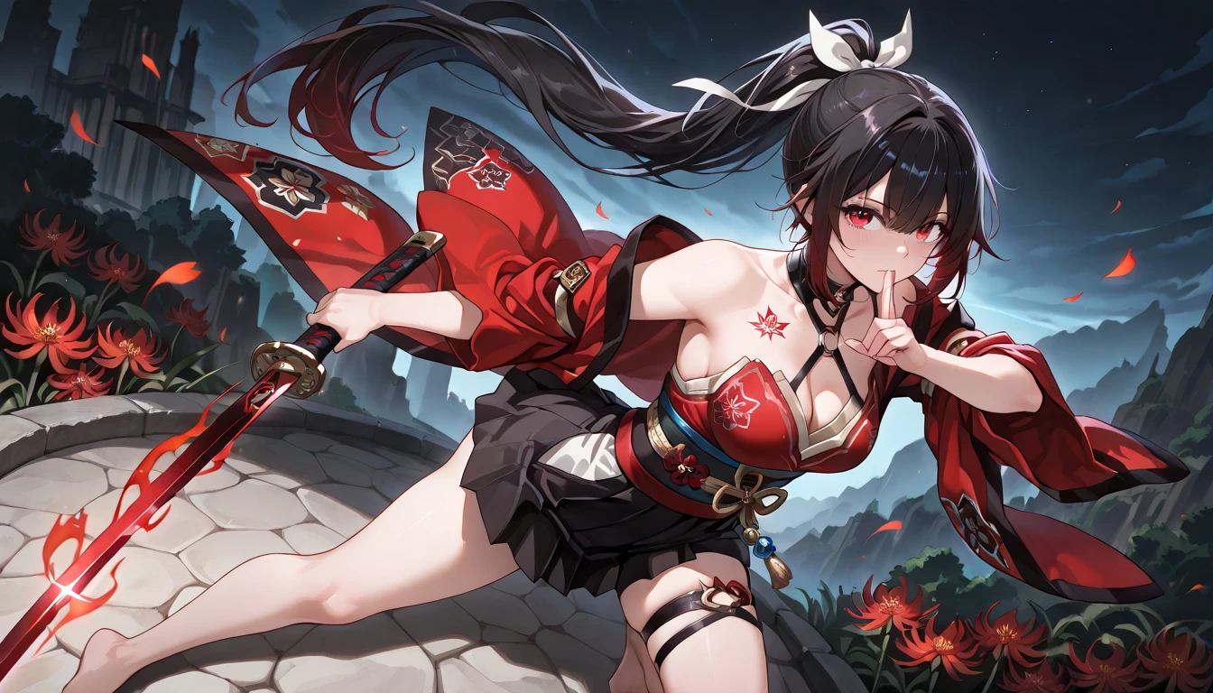 A black-haired woman wearing a shrine maiden outfit with slits in the legs holding a revolver Upper body fluttering Thigh-high boots