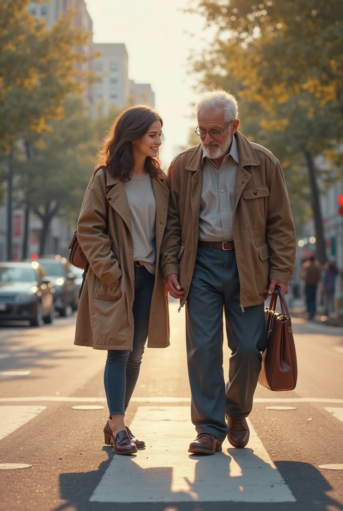 A walking with her dad on the road
