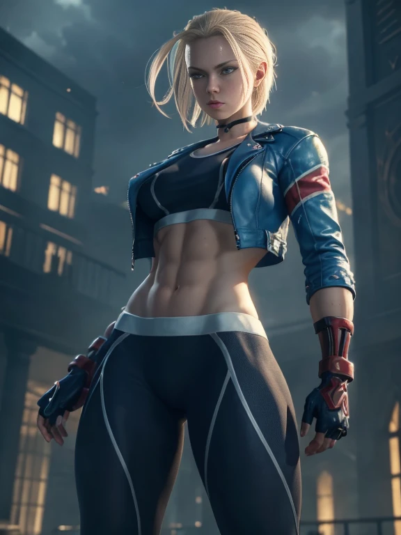 cammy white,1 girl,(exquisitely detailed CG unity 8k wallpaper, masterpiece-quality with stunning realism), (best illumination, best shadow), (best quality), heroic pose, navy blue sports bra,erected nipples, light blue open jacket, navy blue yoga pants, red gloves, Abdominal muscle, muscles, abs, depth of field blur effect, full zoom, action portrait, photorealistic. cinematic lighting, highly detailed. best quality, 4k, Better hand, perfect anatomy, leaning forward, foreshortening effects, (leaning forward:1) (cute coy flirty sexy expression), foreshortening effect, (piercing eyes:0.8), surrounded by an ominous and dark atmosphere, accentuated by dramatic and striking lighting, imbued with a sense of surreal fantasy", (london city background), (pretty cute face:1.3) ,dynamic pose,from below,spread legs