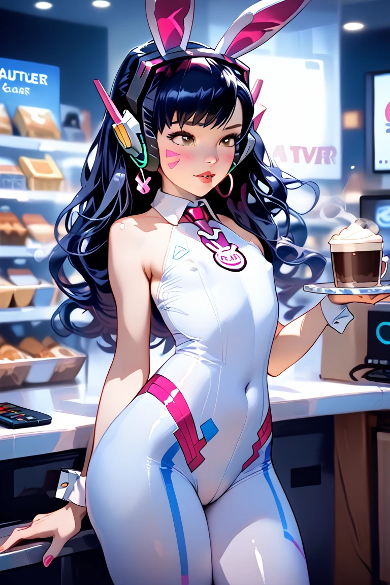 , masterpiece, Highest Quality, Highest Resolution, perfect background, perfect perspective, sharp image, perfect details, perfect lighting, perfect shadows, Perfect lighting, Best background, 1girl, solo, AG Mel, leotard, pantyhose, black hair, large breasts, body suit, head gear, long hair, white one piece, standing, ice cream cone,