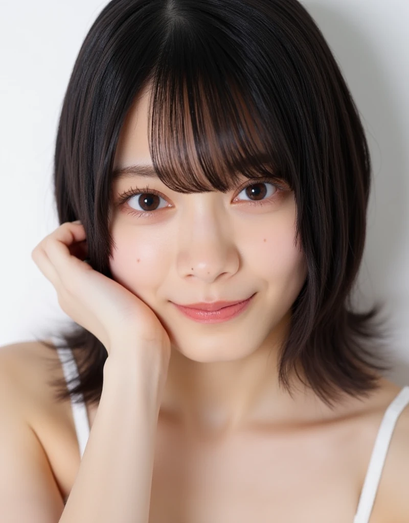 RAW photo, reality,((Staring intently at the viewer)),((Focus on Your FACE)),((close-up)), front, Japanese woman, smile, medium hair, black hair, straight hair, , Unprocessed , live-action, Genuine,cute young girl, beautiful reflective eyes ,Beautiful Detailed Lips, Extremely Delicate Eyes and Face,long eyelashes, 軽いsmile,simple white background, natural light
