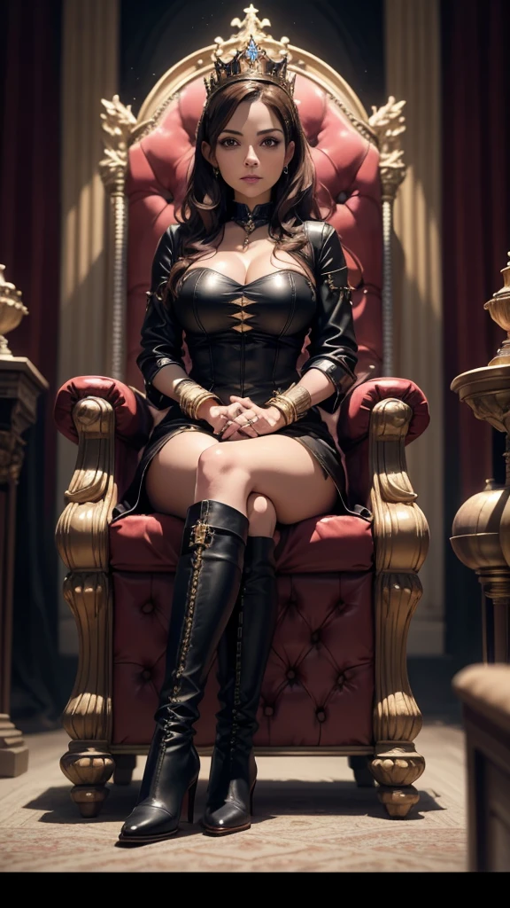 nsfw, 8k, best quality, highres, realistic, real person, A lewd queen oozing wealth and power, seducing her Western-style subordinates, sits gracefully on a richly decorated chair on a high platform. (((She crosses her legs and looks down at her subject with a sly smile))), embodying her blend of grace and cunning. The setting is a grand Western-style throne room that showcases the opulence of her kingdom. Big breasts, cleavage, long beautiful legs, beautiful legs, high heels, patent boots