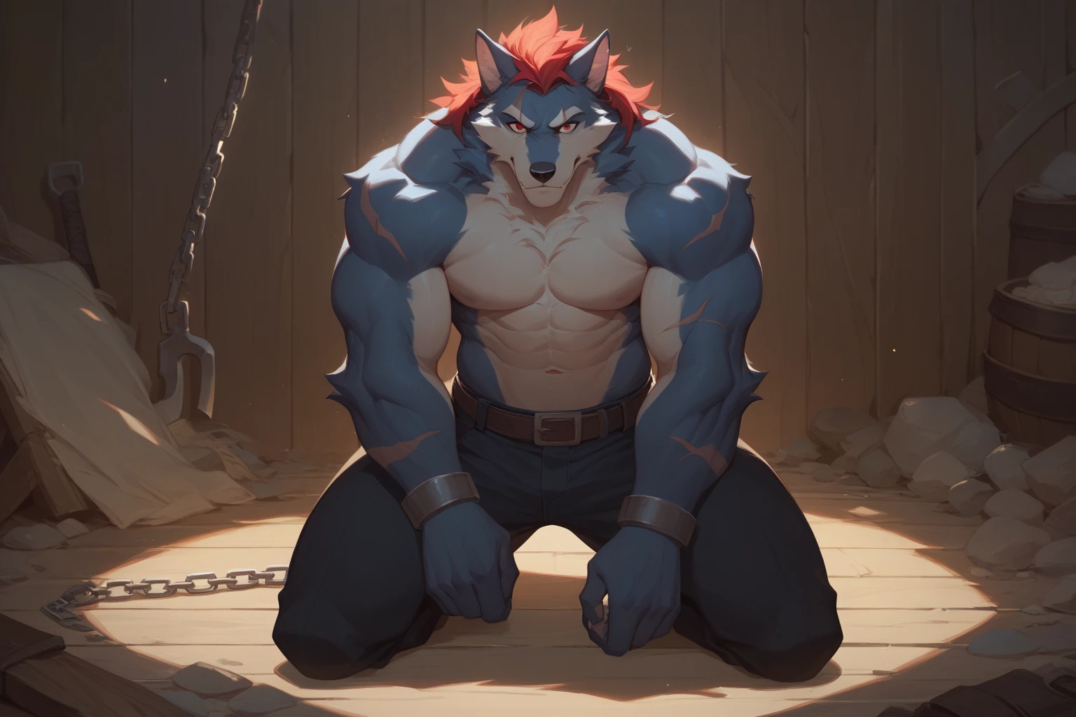 solo,anthro,furry,furry male, Wolf, ((fluffy fur,fluffy,furry body)), (Blue fur, ancient Wolf print), (blue body), night, dark room, Blue mohawk, red eyes, (bright red eyes) short messy hair, tail, blue hair, sky blue eyes, detailed fluffy fur, torn tank top, chain on neck, arms shackled, shackles on wrists, kneeling, dark prison cell, heavy shadows, chains on wall, wearing shackles, cell door, starry sky, detailed face, detailed eyes, dark blue torn shorts, Gold trimming, gold trim, torn black tank top, crest, string necklace, crystal, blue pendant, detailed clothes, shirt, detailed tank top, tight shorts, torn shorts, metal collar, gold straps, white muzzle, full body, muscular, fantasy indoors, jail cell, (by null-ghost, by racoon21, masterpiece, high quality,hi-res,8k had), standing,close-view portrait, looking at viewer, indoor, frowning expression, dark shadows, chains, pose, cell, midnight,
