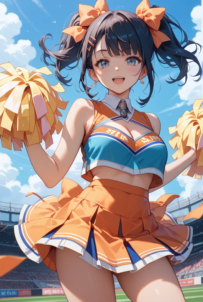 solo,black hair,straight thin ponytail,big forehead,closed eyes smile,open mouth, off-shoulder, cheerleader,Enchanting chest、Bare skin side boob、medium breasts,(cheer model jumping action pose),close up face,fullbody,