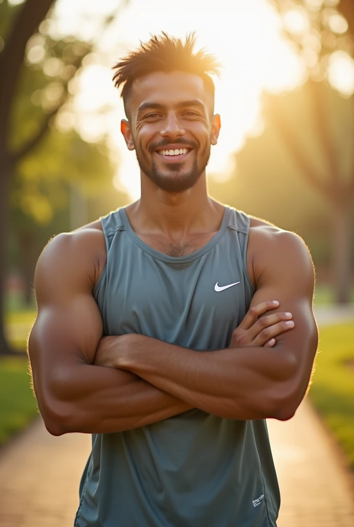 photorealistic, best quality, masterpiece, extremely detailed, sexy, homoerotic, extremely handsome, youthful, 25 year old muscular malay man, ((muscular bodybuilder)), ((massive thighs)), active wear, sweaty, big smile, happy, sitting on bench, relaxed posture, at park, side view, extremely romantic atmosphere, perfect face, perfect fingers, perfect hands, perfection