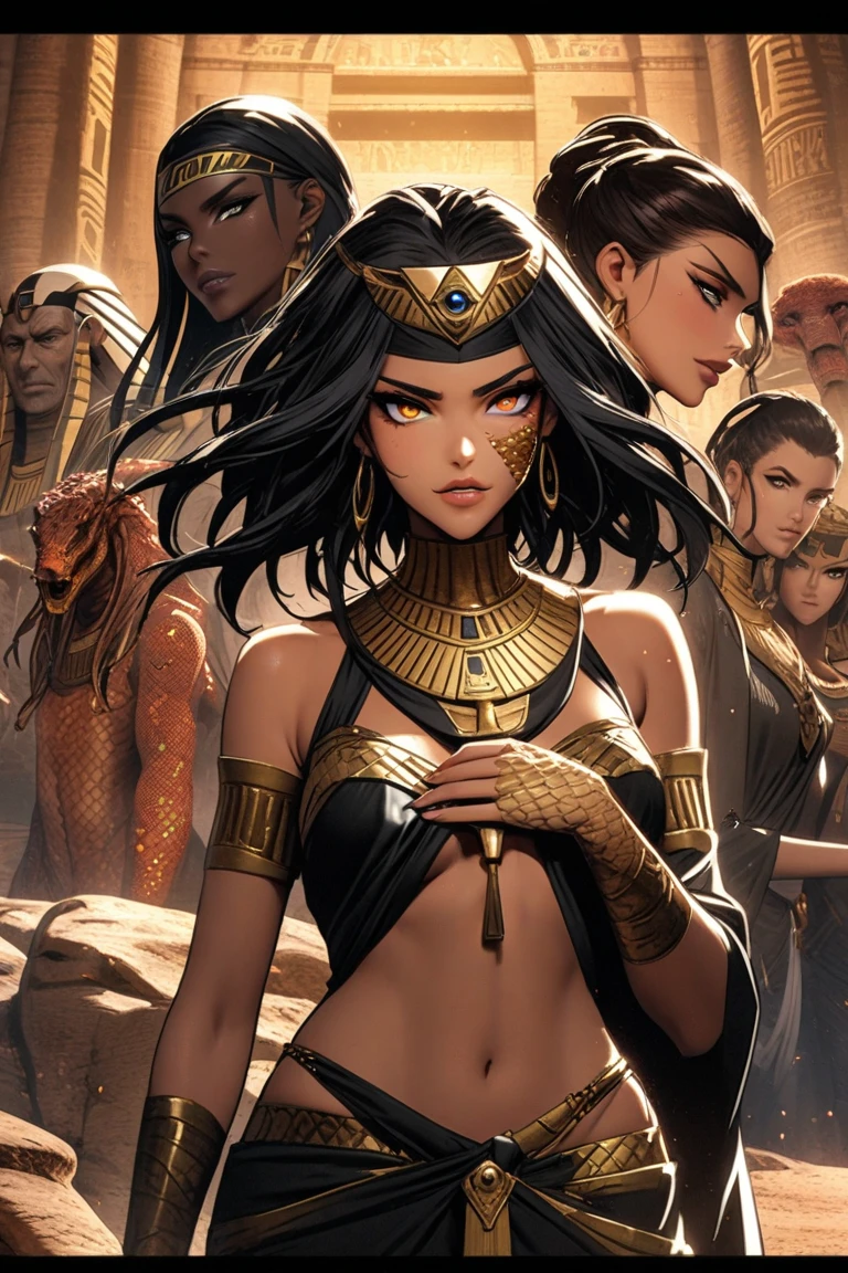 Female mummy, gorgeous face, full body, Cleopatra, all bandaged in black, ((bandaged breasts)), ((bandaged arms)), bare belly, navel, bandaged thighs, tiny black thong, torn and tiny thong, Egyptian scratch on head, black hair with short bangs on forehead, Bettie Page, ancient Egypt, in a harem