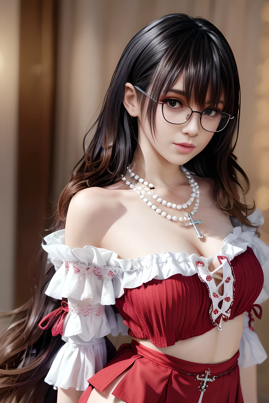 (RAW photo, best quality), (realistic, photo-realistic:1.3), masterpiece, an extremely delicate and beautiful, extremely detailed, CG, unity , 2k wallpaper, Amazing, finely detail, extremely detailed CG unity 8k wallpaper, huge filesize, ultra-detailed, highres, absurdres, soft light,beautiful detailed girl, detailed fingers, extremely detailed eyes and face, beautiful detailed nose, beautiful detailed eyes, long eyelashes, light on face, extremely detailed,grinning, realistic anime, bare foots, bare legs, (((Christmas))), cleavage, wide hips, 20 year old woman, (maids dress), ((medium breasts)), close mouth, Aily, glasses, 1girl, solo, long hair, lips, jewelry, upper body, outdoors, realistic, semi-rimless eyewear, under-rim eyewear, christmas hat, christmas background,