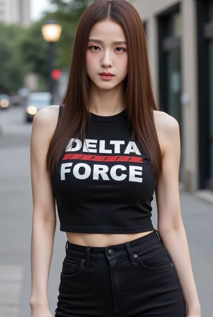 1girl in, 30 years old, Square face, Long hair, Looking at viewer, jewelry, Realistic, Sexy, military combat outfit, military weapon background tank-plane-cannon-gun, pose for everyone full body