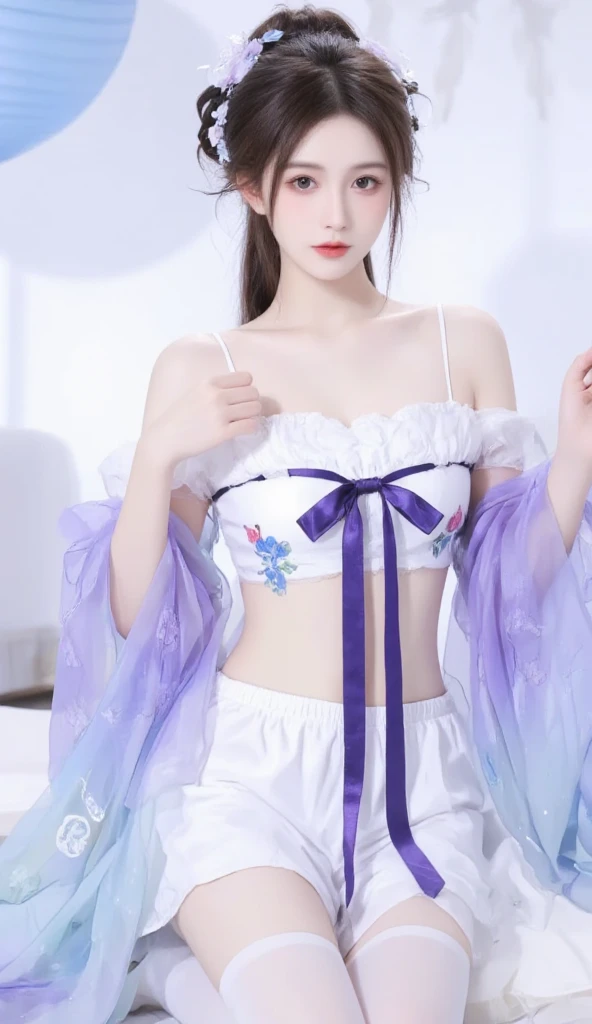 (highest quality、 8k 、masterpiece、High resolution)、backdrop、young woman、beautiful big breasts、Beautiful belly、Slim beauty、sexy shot、Brown and black medium、Hair blowing in the wind、hole body、 (pretty face,beautiful eyes,beautiful nose,beautiful lips)、nice legs、(Rot、White、Pink、Green、orange、Purple、Light blue sexy see through lingerie、bright colours)、Her mouth opens slightly and a smile appears.、look into the camera、professional lightning、professional photographer、outside、garden、MulticoloRot rose flowers、detailed CG、