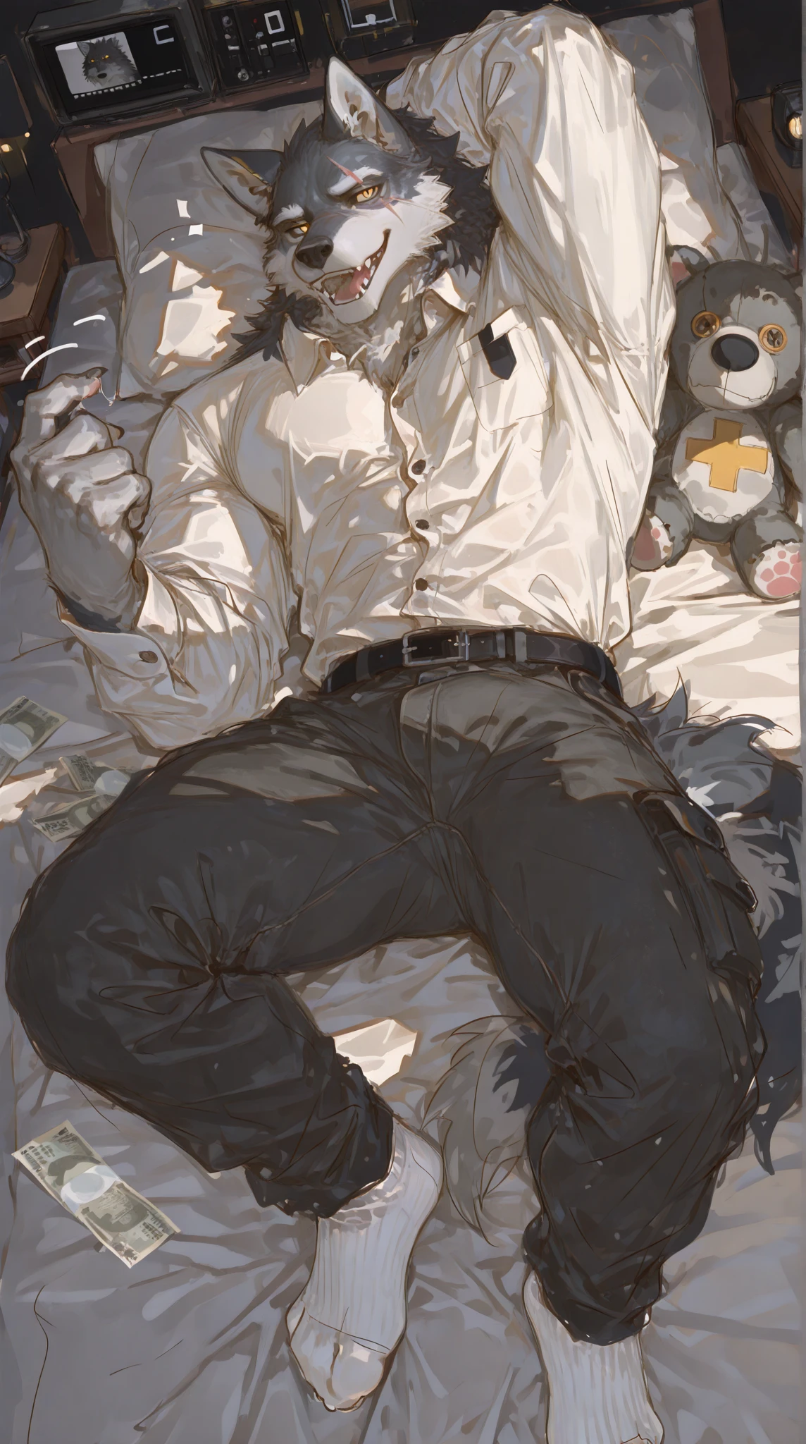 Muscular, burly man, The noble Duke,gray hair, A strapping man of 70, still strong,strong chest hair,lie in bed,In his tight black vest and white cape, he fell asleep,Drunk, sexy pose,Sexy beard,Extremely large crotch,He spread his legs,Extreme detail,serious face