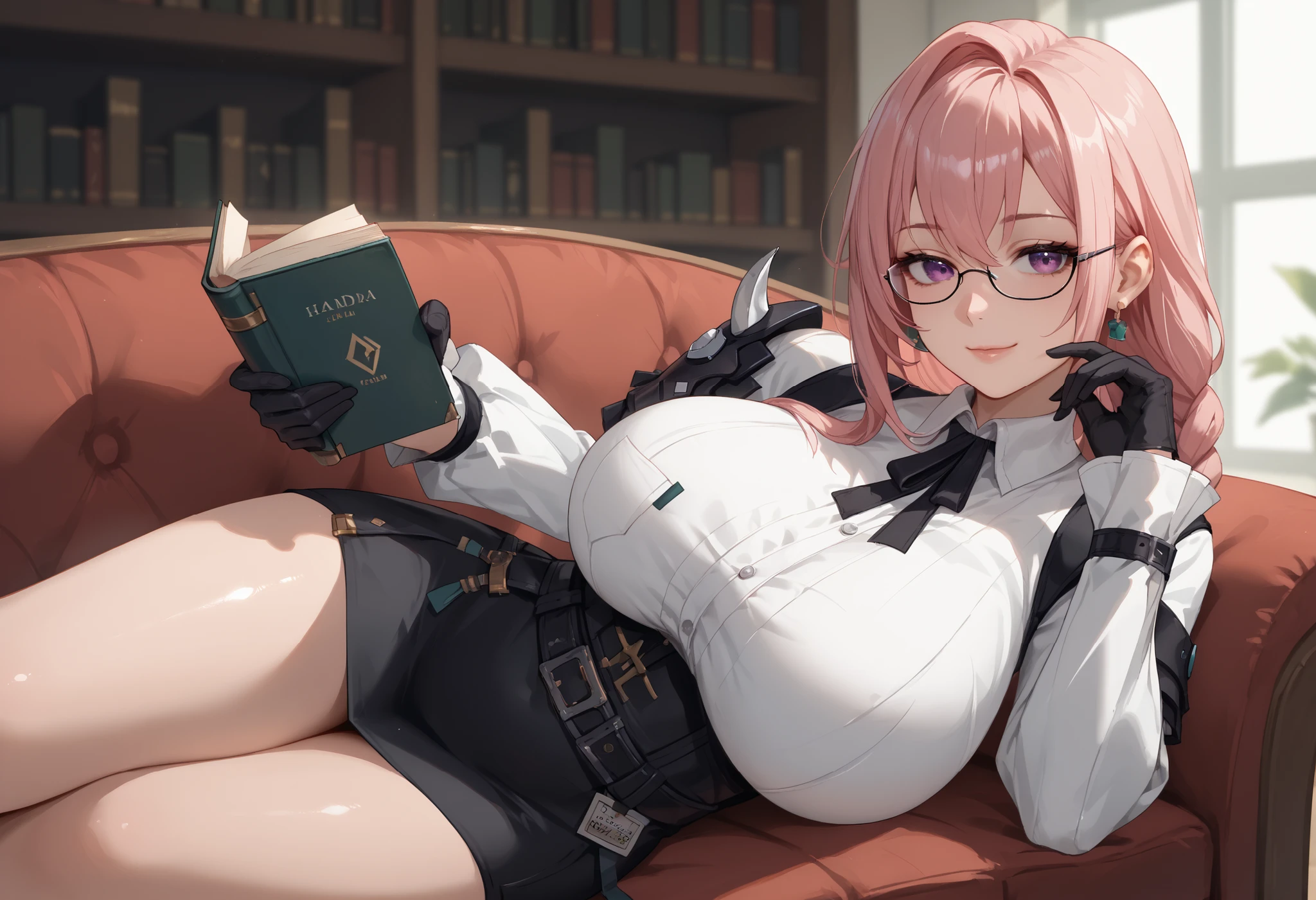1girl, solo, (large breasts:1.6), short hair, from above , smirk,(dynamic pose), portrait, beautiful breasts, thighhigh, seductive pose, murata yuusuke,light smile, onoff, split screen, KafkaV4, ,purple eyes,purple eyes,((sunglasses)), ((eyewear on head)),bangs, black legwear, blush, book, book stack, bookshelf, cactus, chair, closed mouth, long hair, long sleeves,