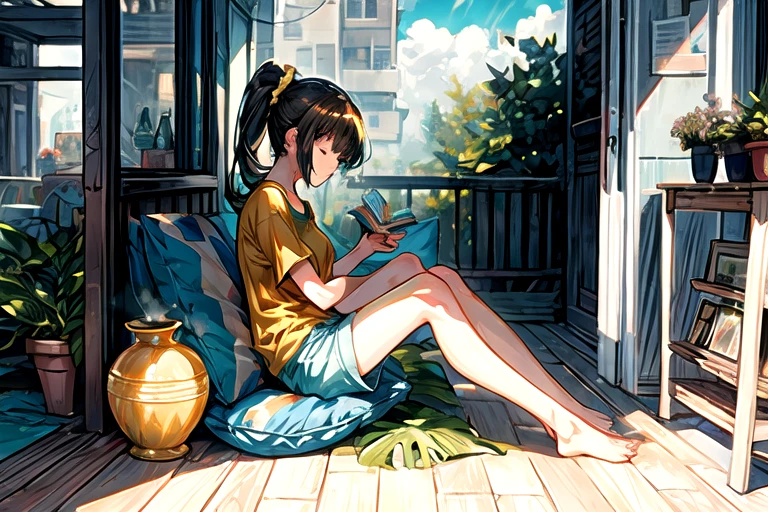 (masterpiece), highest quality, ultra high resolution, sharp focus, warm pastel tones, warm sunshine, soft shadow, Backyard garden, plant, flowers, butterfly、wood recliner