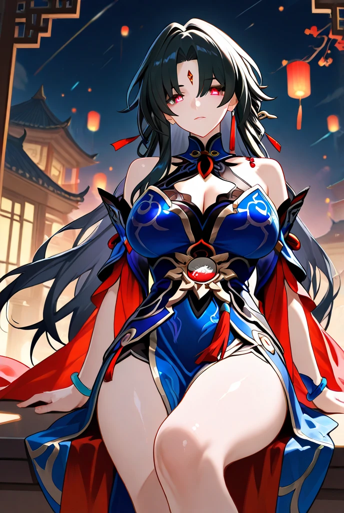 a beautiful blue and black kitsune, big breasts, long black hair, slim waist, detailed portrait, intricate details, dramatic lighting, mystical, elegant, sensual, long white tail, heterochromia (one blue eye, one red eye), His eyes would shine brightly, Surrounded by red energy fireflies, Wearing a one-piece swimsuit, covering herself up, very blushing and angry,