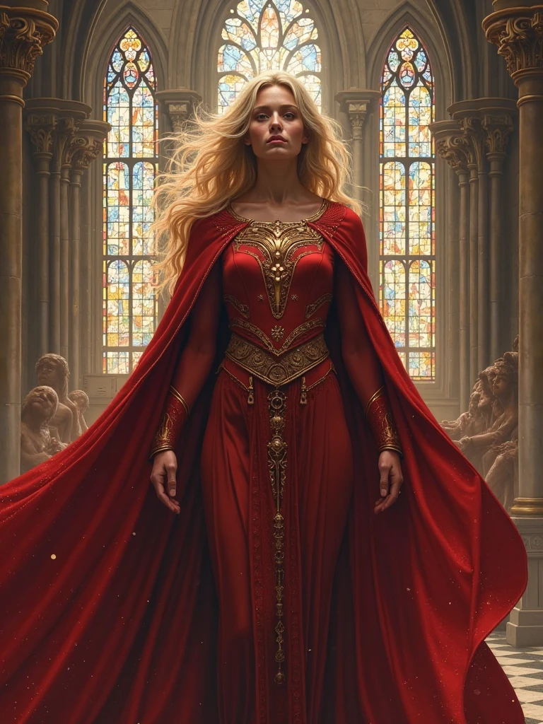 beautiful mature woman, slender, tall, long blonde curly hair, long black cape, red leotard long skirt, diamond long skirt, golden bracelets, dark soul, dim light, old church, (best quality,4k,8k,highres,masterpiece:1.2),ultra-detailed,(realistic,photorealistic,photo-realistic:1.37),european aristocrat,official style